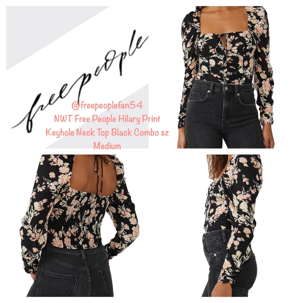 NWT Free People Hilary Print Keyhole Neck Top Black Combo sz Medium